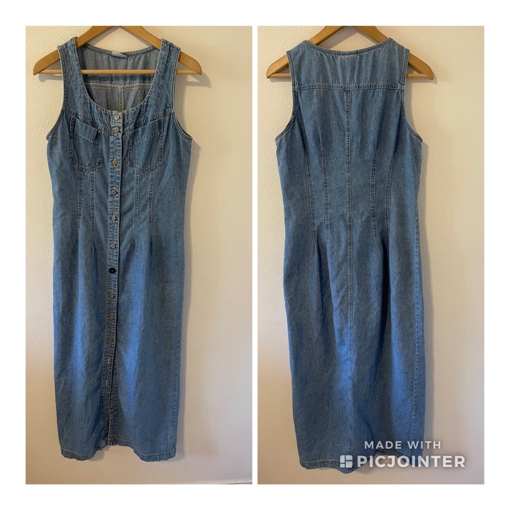 Vintage Studio Denim Sleeveless Maxi Button Front Jumper Pinafore Dress Retro-M
